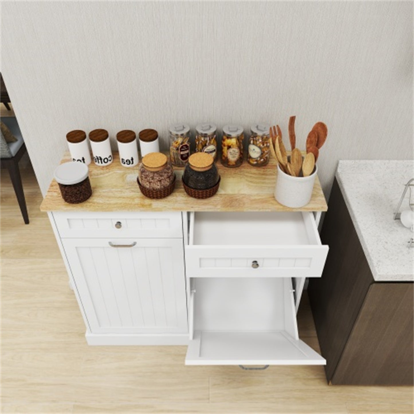 LunaLulinlk Two Drawers and Two-Compartment Tilt-Out Trash Cabinet Kitchen Trash Cabinet-White