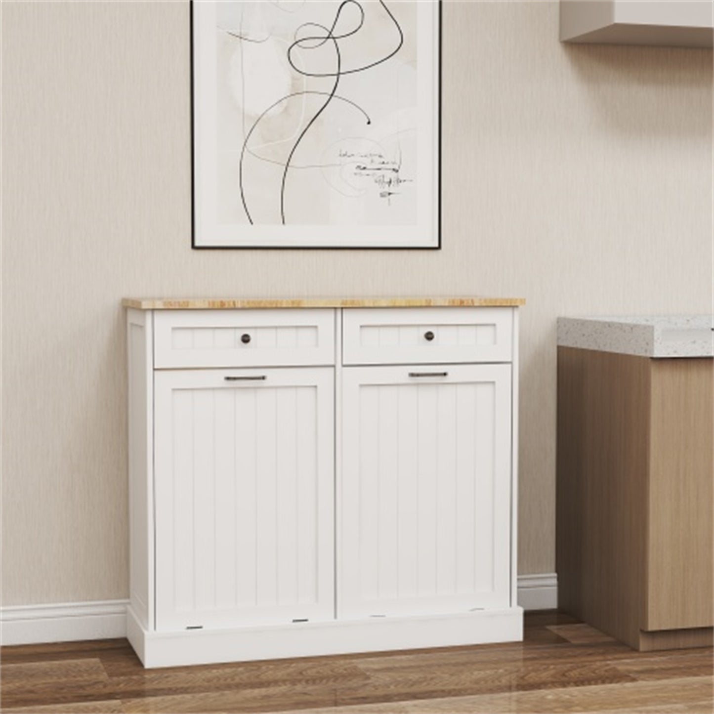 LunaLulinlk Two Drawers and Two-Compartment Tilt-Out Trash Cabinet Kitchen Trash Cabinet-White