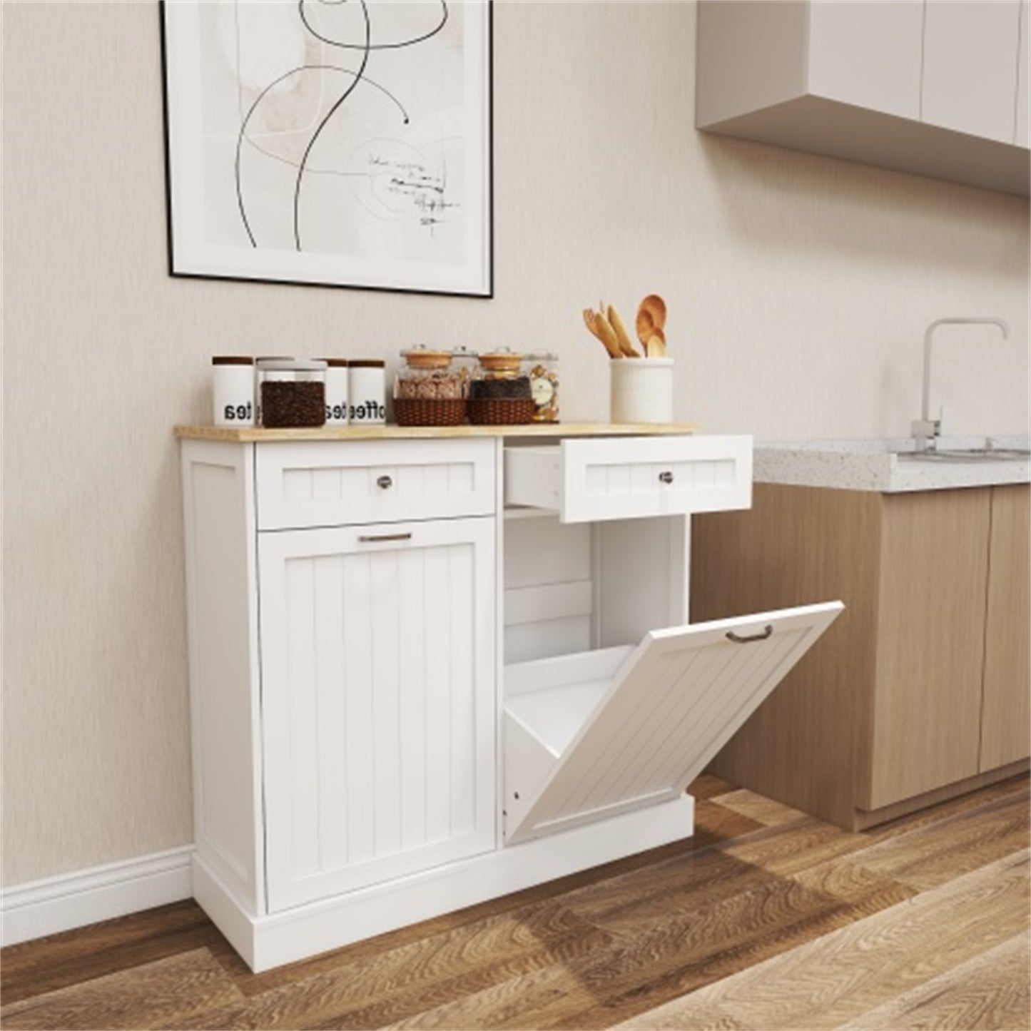 LunaLulinlk Two Drawers and Two-Compartment Tilt-Out Trash Cabinet Kitchen Trash Cabinet-White