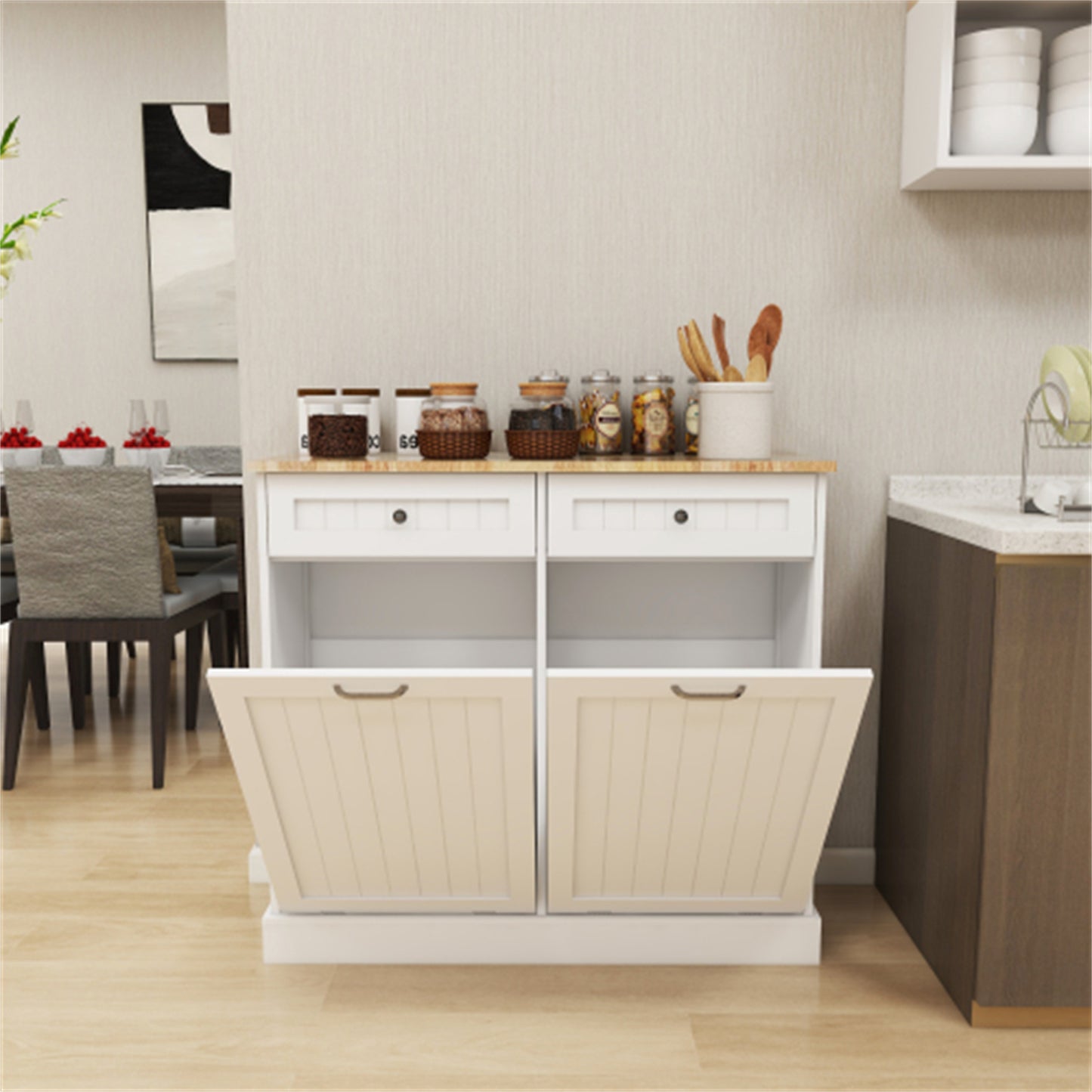 LunaLulinlk Two Drawers and Two-Compartment Tilt-Out Trash Cabinet Kitchen Trash Cabinet-White