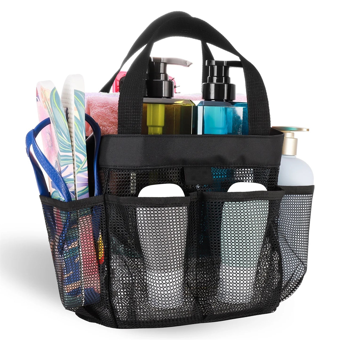 Natural Mesh Shower Storage Basket, Portable for Bathroom and Gym, Hanging Storage Basket, Quick Dry Toiletry Bag (8 Pockets | Black)