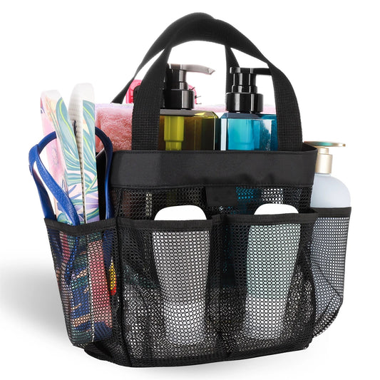 Natural Mesh Shower Storage Basket, Portable for Bathroom and Gym, Hanging Storage Basket, Quick Dry Toiletry Bag (8 Pockets | Black)