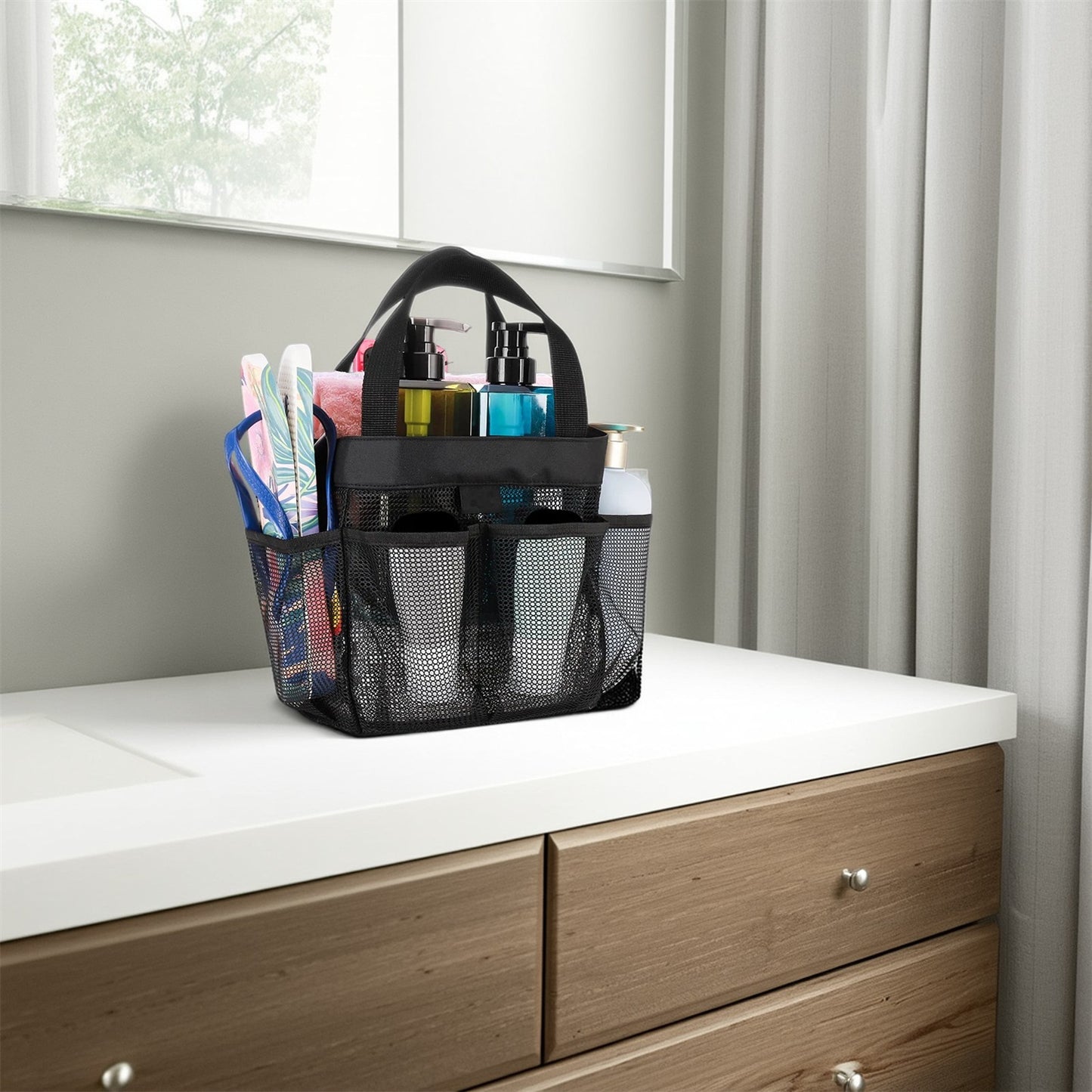 Natural Mesh Shower Storage Basket, Portable for Bathroom and Gym, Hanging Storage Basket, Quick Dry Toiletry Bag (8 Pockets | Black)