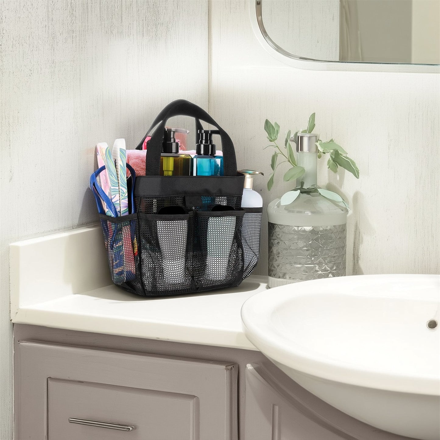 Natural Mesh Shower Storage Basket, Portable for Bathroom and Gym, Hanging Storage Basket, Quick Dry Toiletry Bag (8 Pockets | Black)