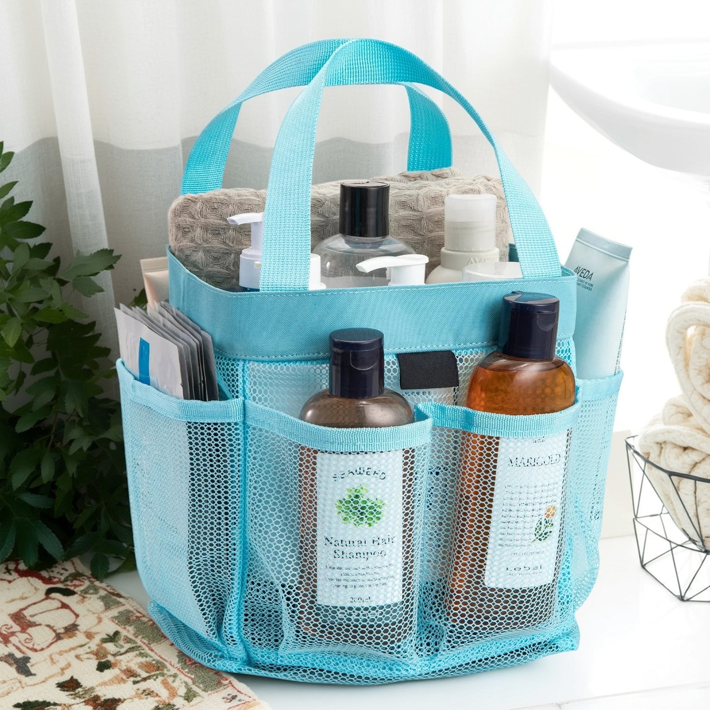 Natural Mesh Shower Storage Basket, Portable for Bathroom and Gym, Hanging Storage Basket, Quick Dry Toiletry Bag (8 Pockets | Blue)