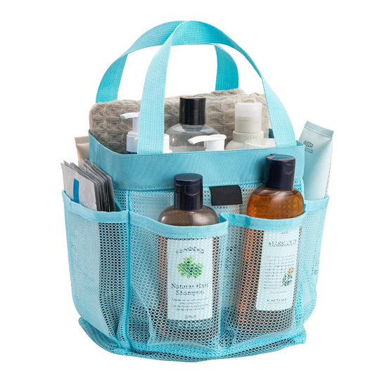 Natural Mesh Shower Storage Basket, Portable for Bathroom and Gym, Hanging Storage Basket, Quick Dry Toiletry Bag (8 Pockets | Blue)