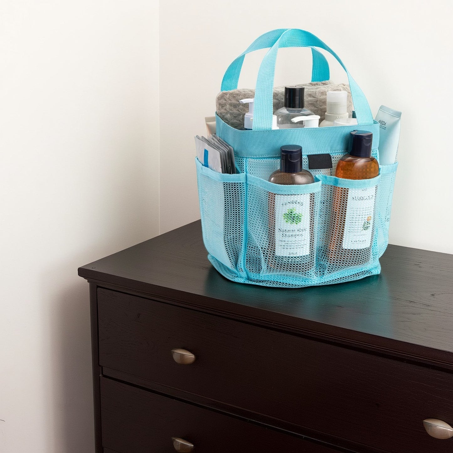 Natural Mesh Shower Storage Basket, Portable for Bathroom and Gym, Hanging Storage Basket, Quick Dry Toiletry Bag (8 Pockets | Blue)