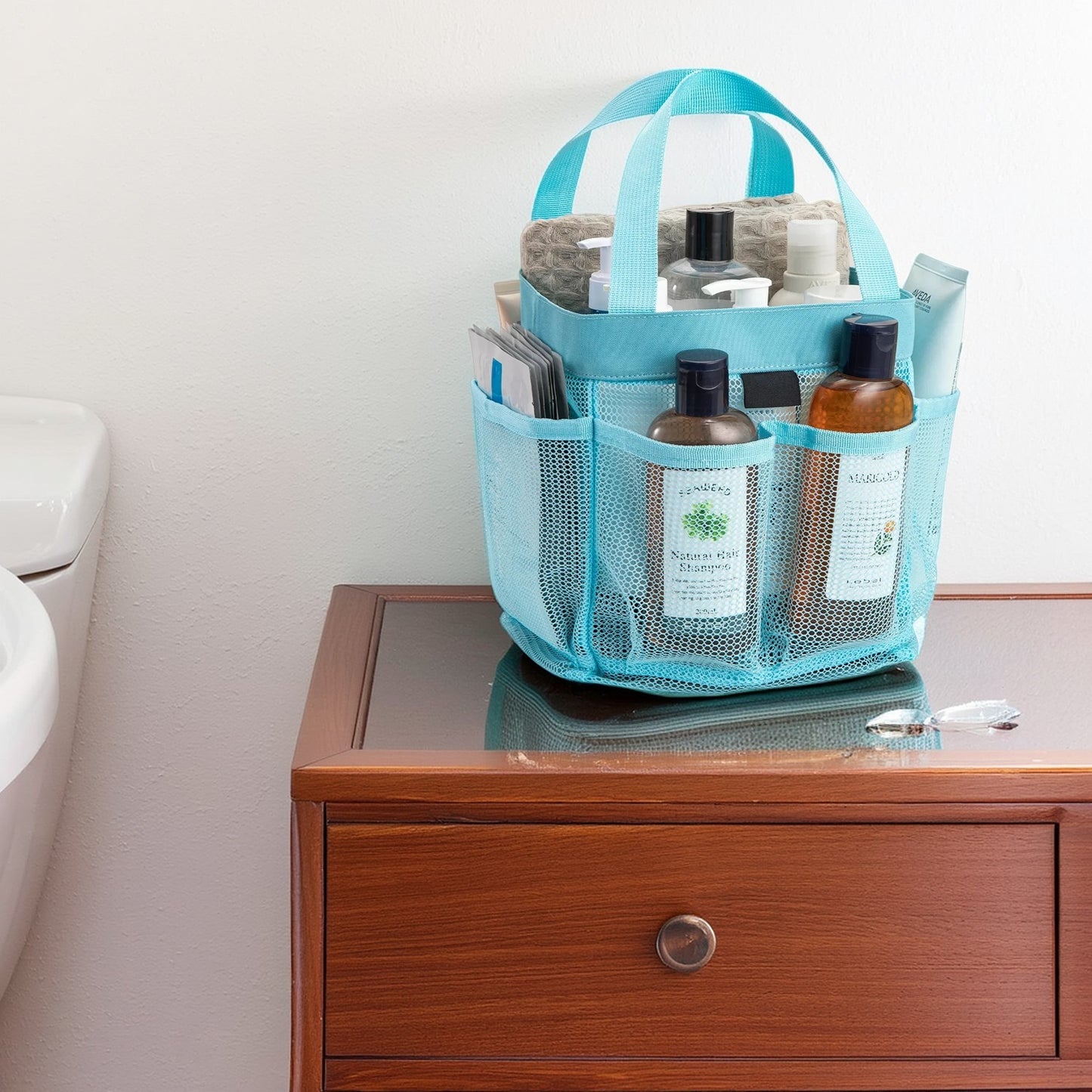 Natural Mesh Shower Storage Basket, Portable for Bathroom and Gym, Hanging Storage Basket, Quick Dry Toiletry Bag (8 Pockets | Blue)