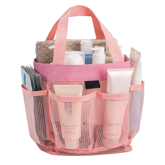 Natural Mesh Shower Storage Basket, Portable for Bathroom and Gym, Hanging Storage Basket, Quick Dry Toiletry Bag (8 Pockets | pink)