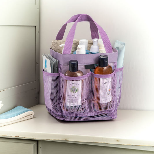 Natural Mesh Shower Storage Basket, Portable for Bathroom and Gym, Hanging Storage Basket, Quick Dry Toiletry Bag (8 Pockets | Purple)