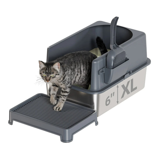 LunaLulinlk with Scoop&mat Stainless Steel Cat Litter Box with High-Sided - Durable, Hygienic, and Escape