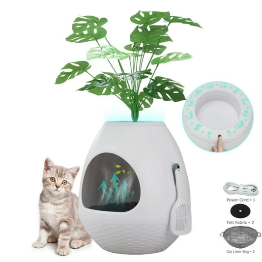 LunaLulinlk White artificial plant cat litter box with deodorizing scoop
