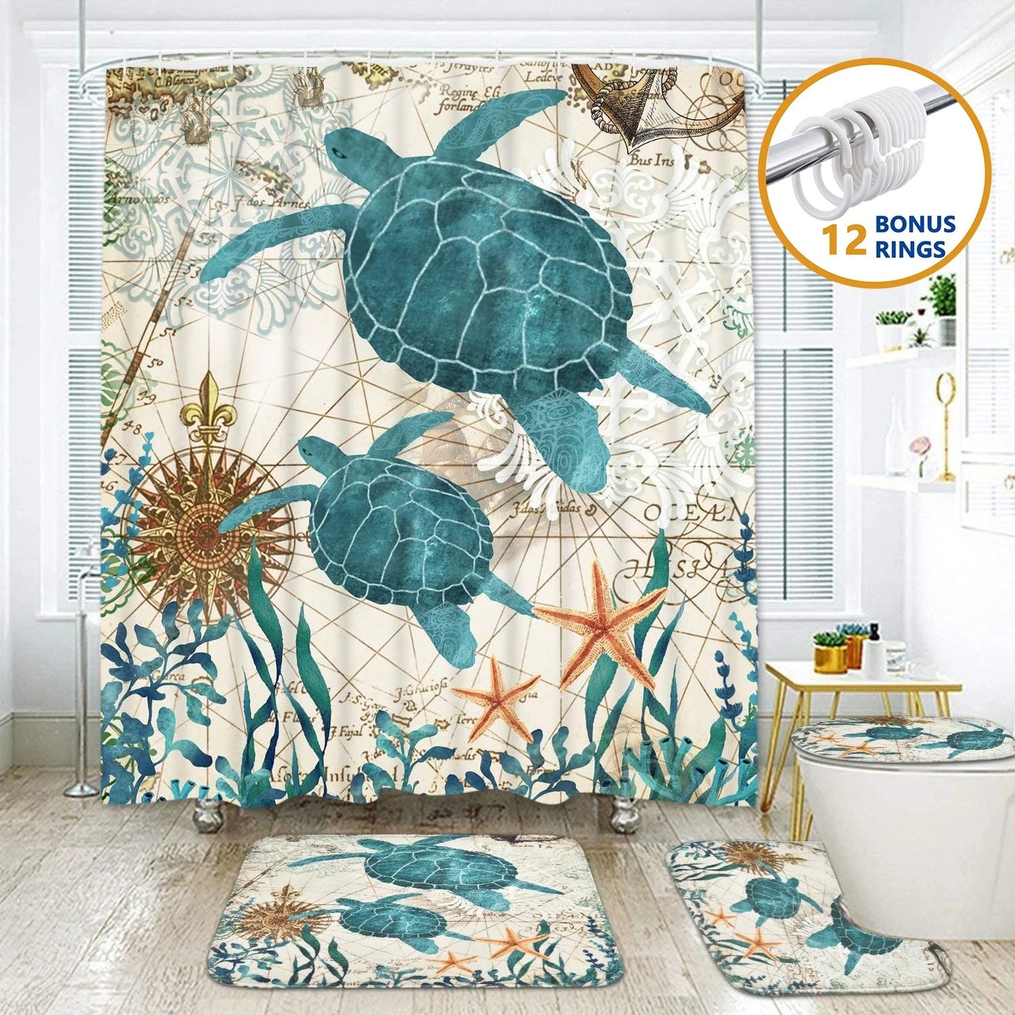 LunaLulinlk Waterproof Fabric Shower Curtain with 12 Hooks and Toilet Rugs