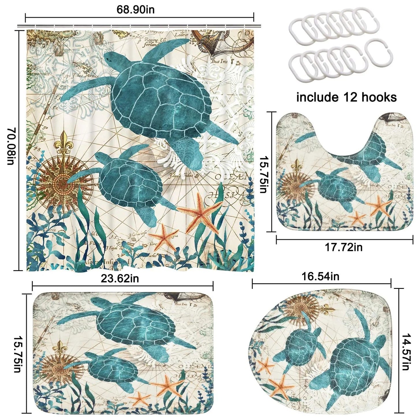 LunaLulinlk Waterproof Fabric Shower Curtain with 12 Hooks and Toilet Rugs