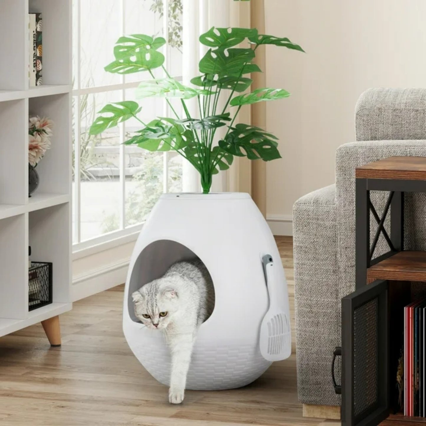 LunaLulinlk White artificial plant cat litter box with deodorizing scoop