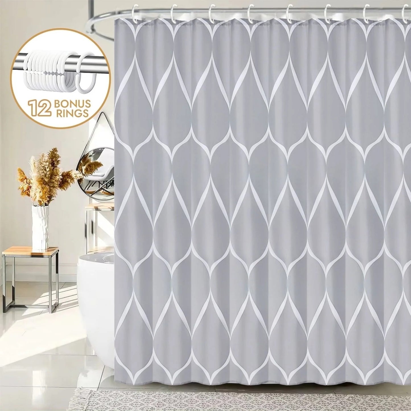 LunaLulinlk Wavy Print Shower Curtain with 12 Hooks