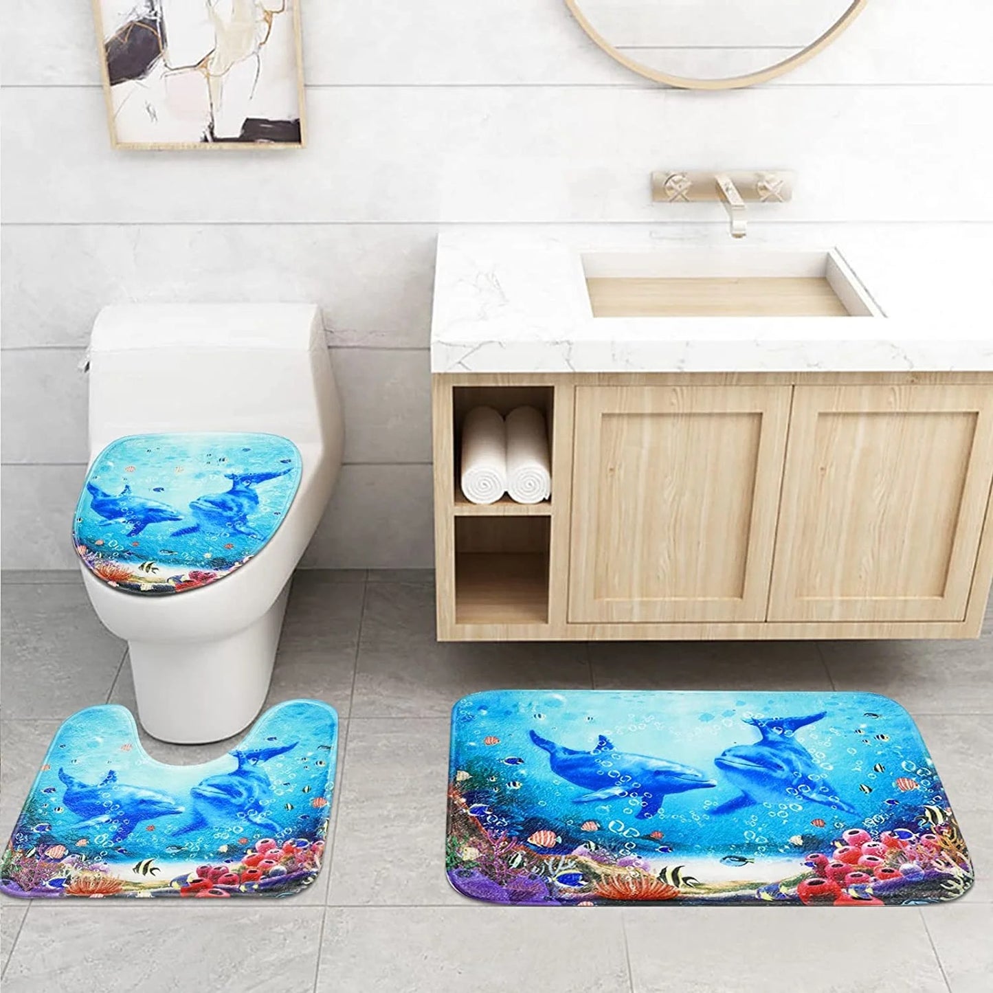 LunaLulinlk Waterproof Fabric Shower Curtain with 12 Hooks and Toilet Rugs
