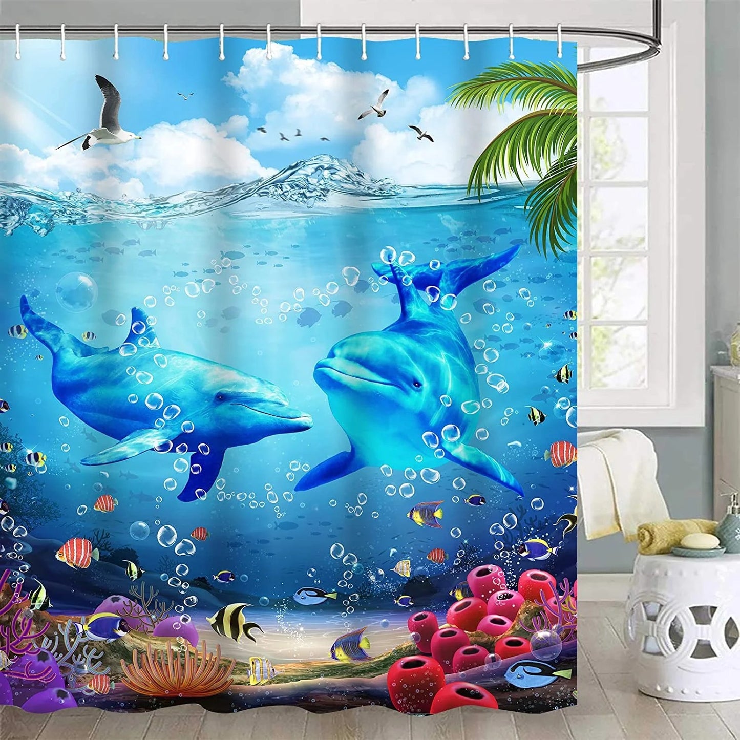LunaLulinlk Waterproof Fabric Shower Curtain with 12 Hooks and Toilet Rugs