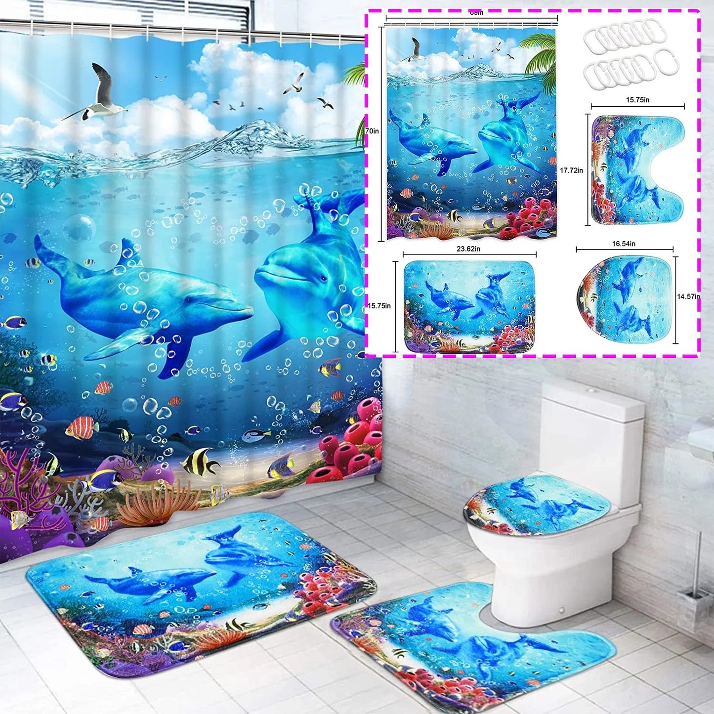LunaLulinlk Waterproof Fabric Shower Curtain with 12 Hooks and Toilet Rugs