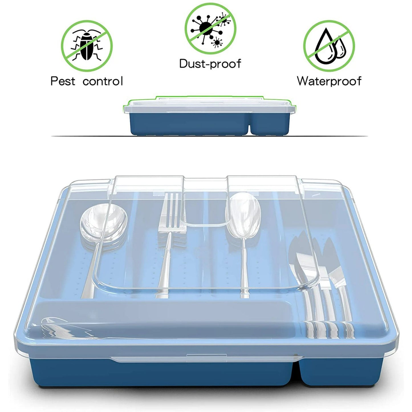 LunaLulinlk Utensil Holder for Countertop with Lid, Plastic Silverware Tray for Drawer, 5 Compartments Flatware Organizer, Cutlery Storage