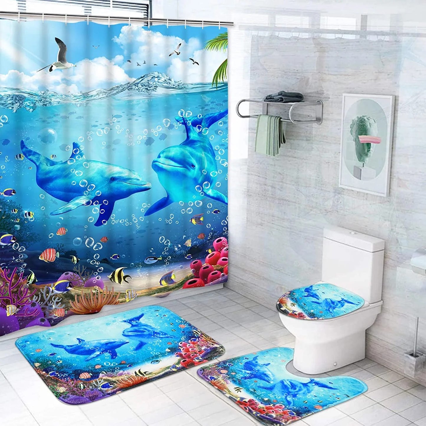 LunaLulinlk Waterproof Fabric Shower Curtain with 12 Hooks and Toilet Rugs