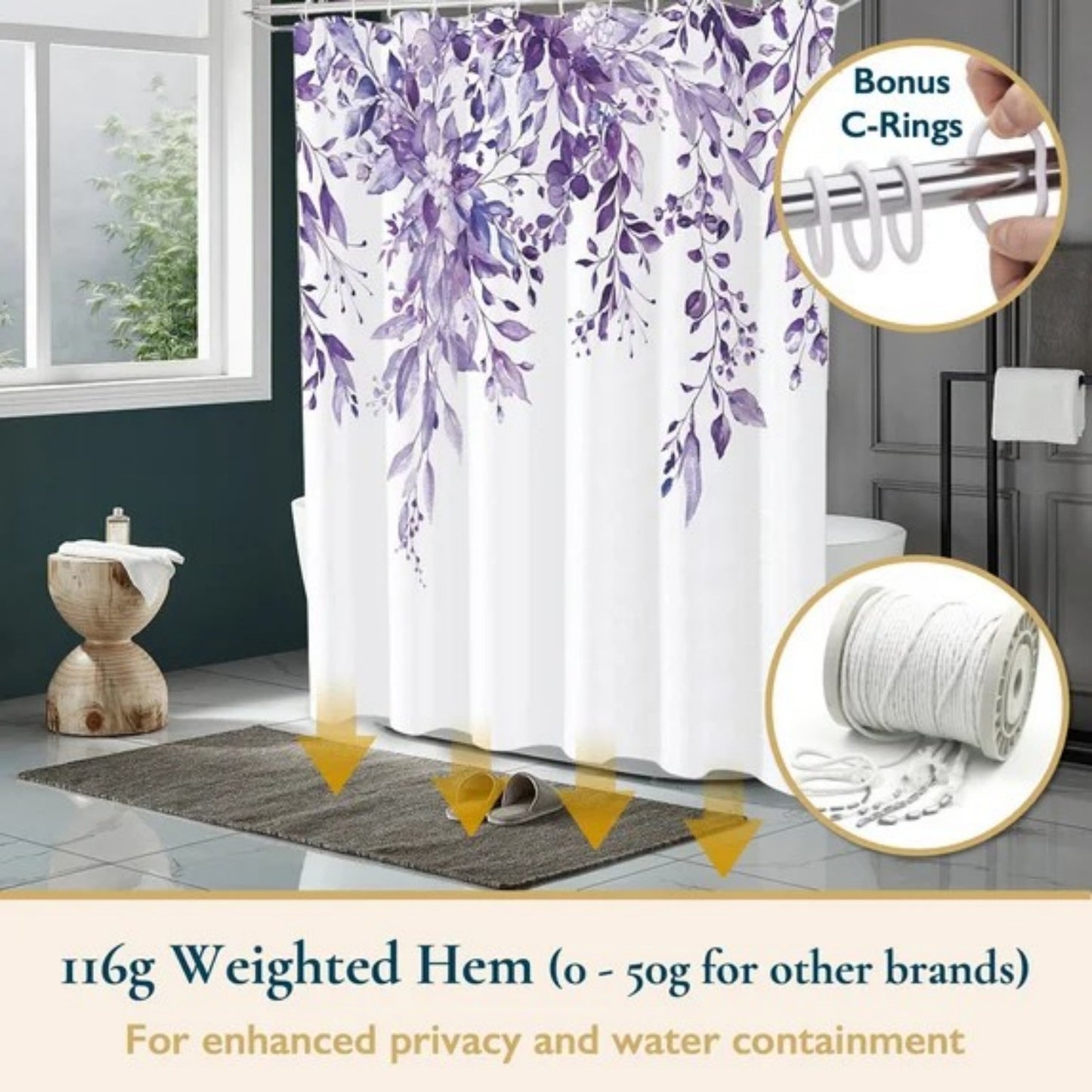 LunaLulinlk Weighted-Hem Fabric Bathroom Curtain,Purple