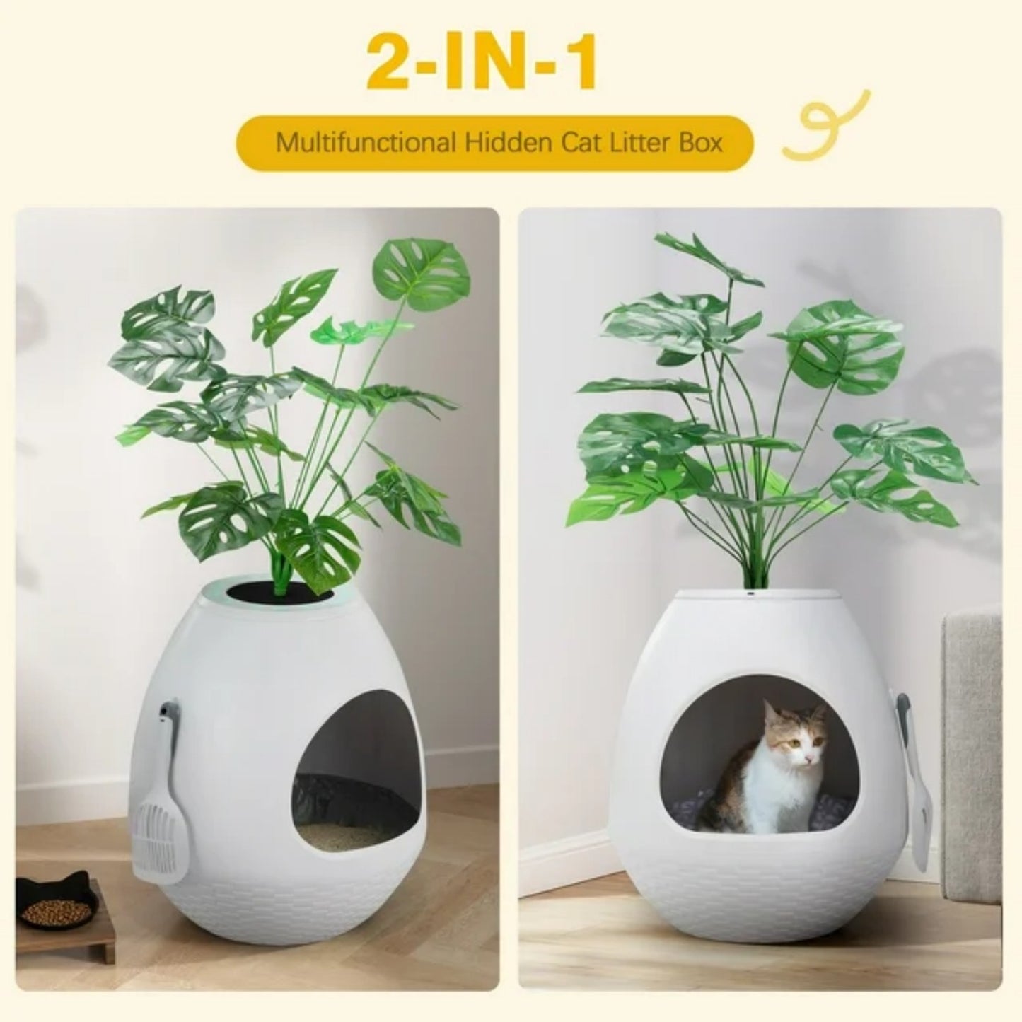 LunaLulinlk White artificial plant cat litter box with deodorizing scoop