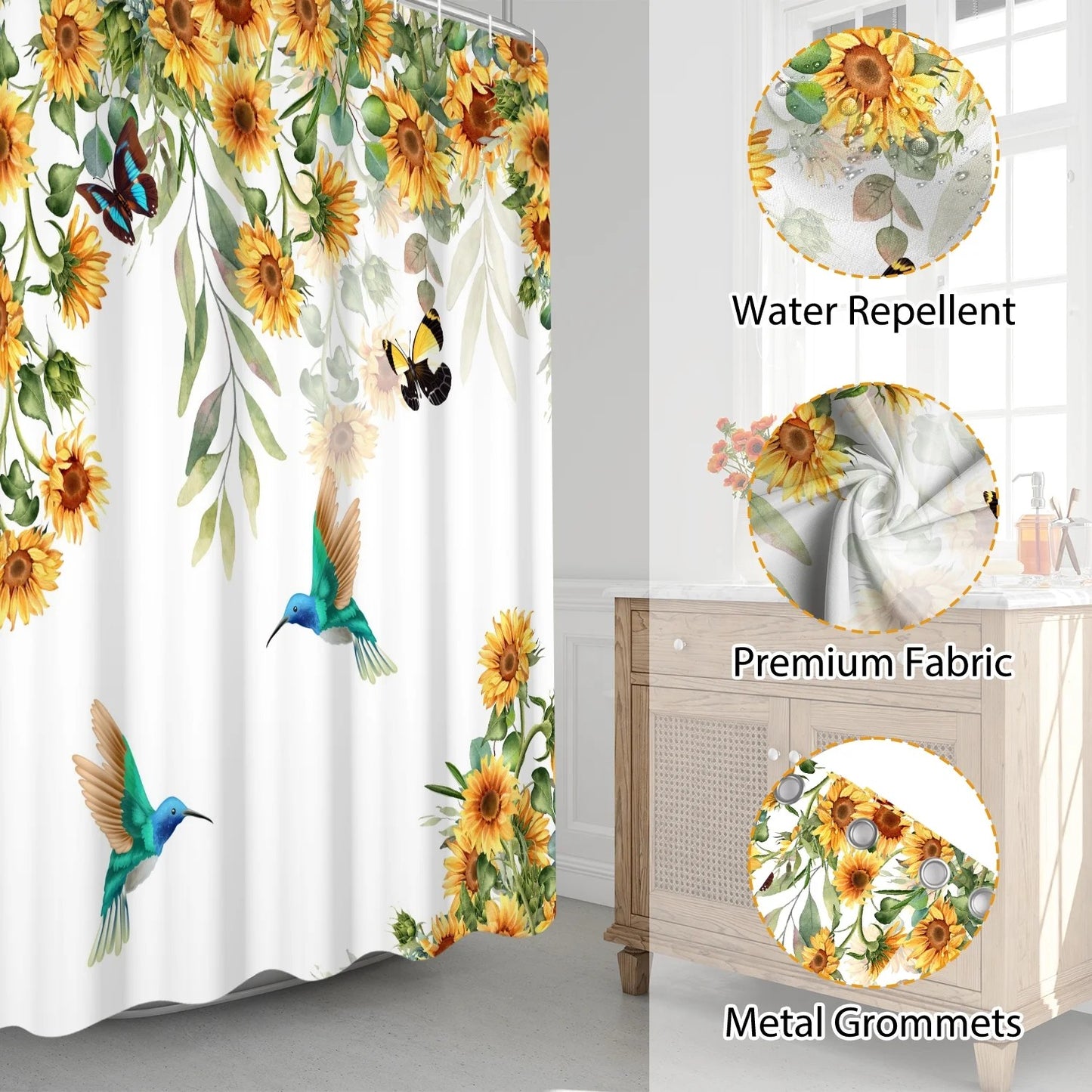LunaLulinlk Yellow Sunflower Shower Curtain Spring Floral Birds