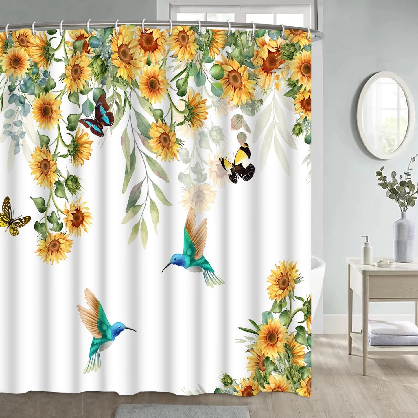 LunaLulinlk Yellow Sunflower Shower Curtain Spring Floral Birds