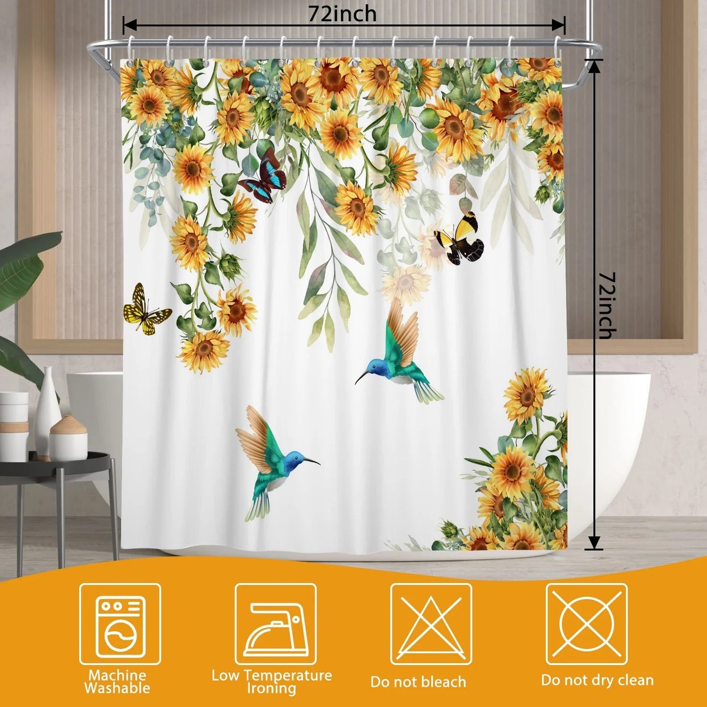 LunaLulinlk Yellow Sunflower Shower Curtain Spring Floral Birds