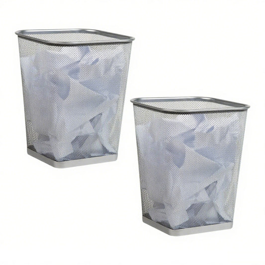 LunaLulinlk Silver Metal Mesh Trash Bin Wastepaper Basket, Set of Two, Square, Office Use