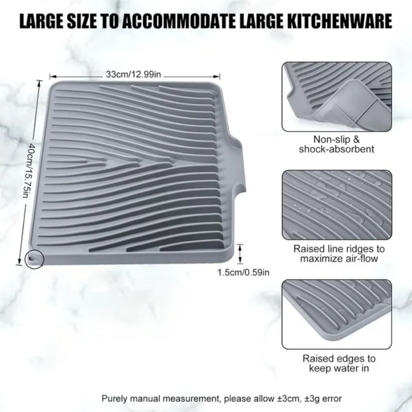 LunaLulinlk Silicone Dish Drying Mat for Kitchen Counter, Drying Mat with Drain Lid, Dish Drying Pad for Multiple Usage (16”X13”Grey )