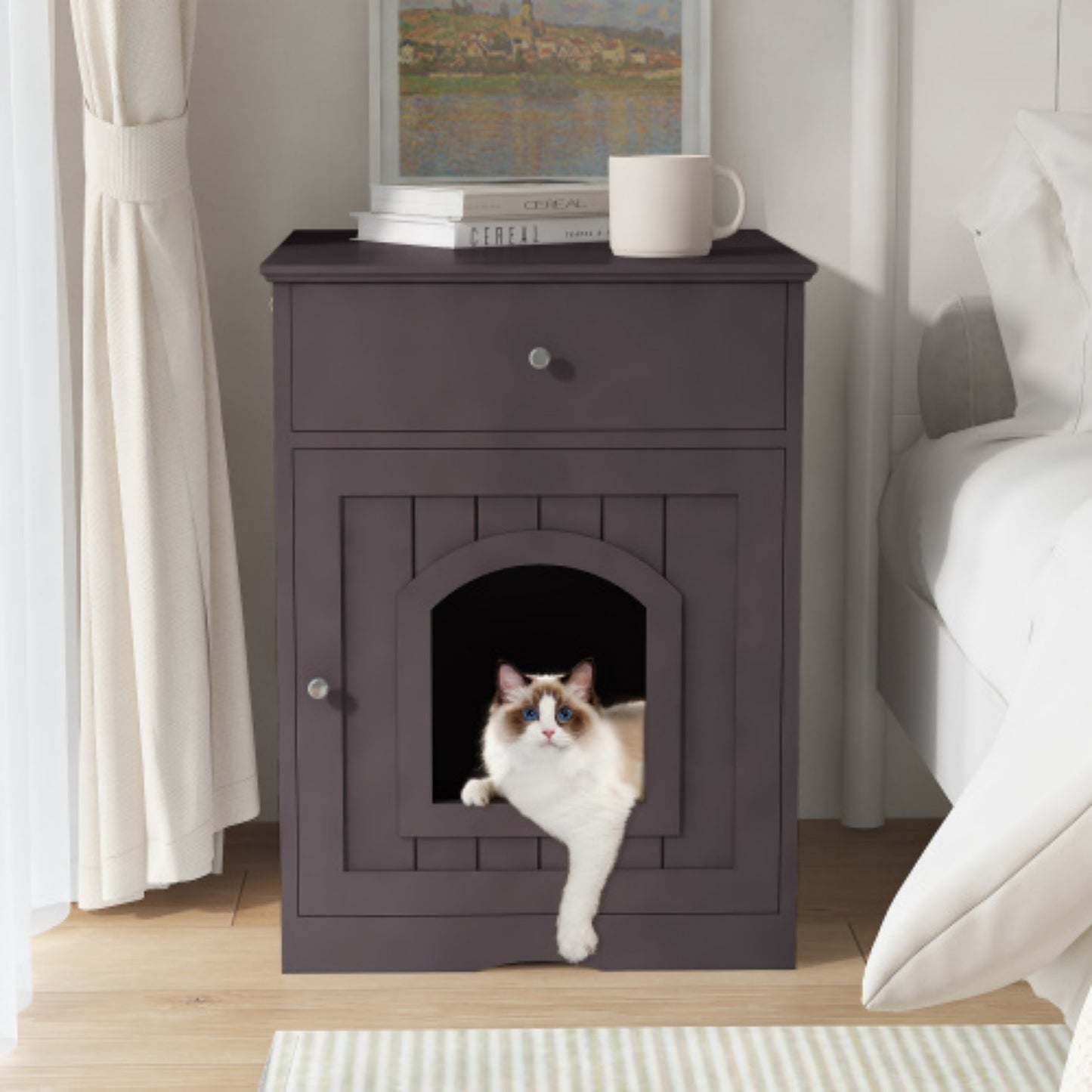 LunaLulinlk Wooden pet house cat litter box fence with drawer and side table