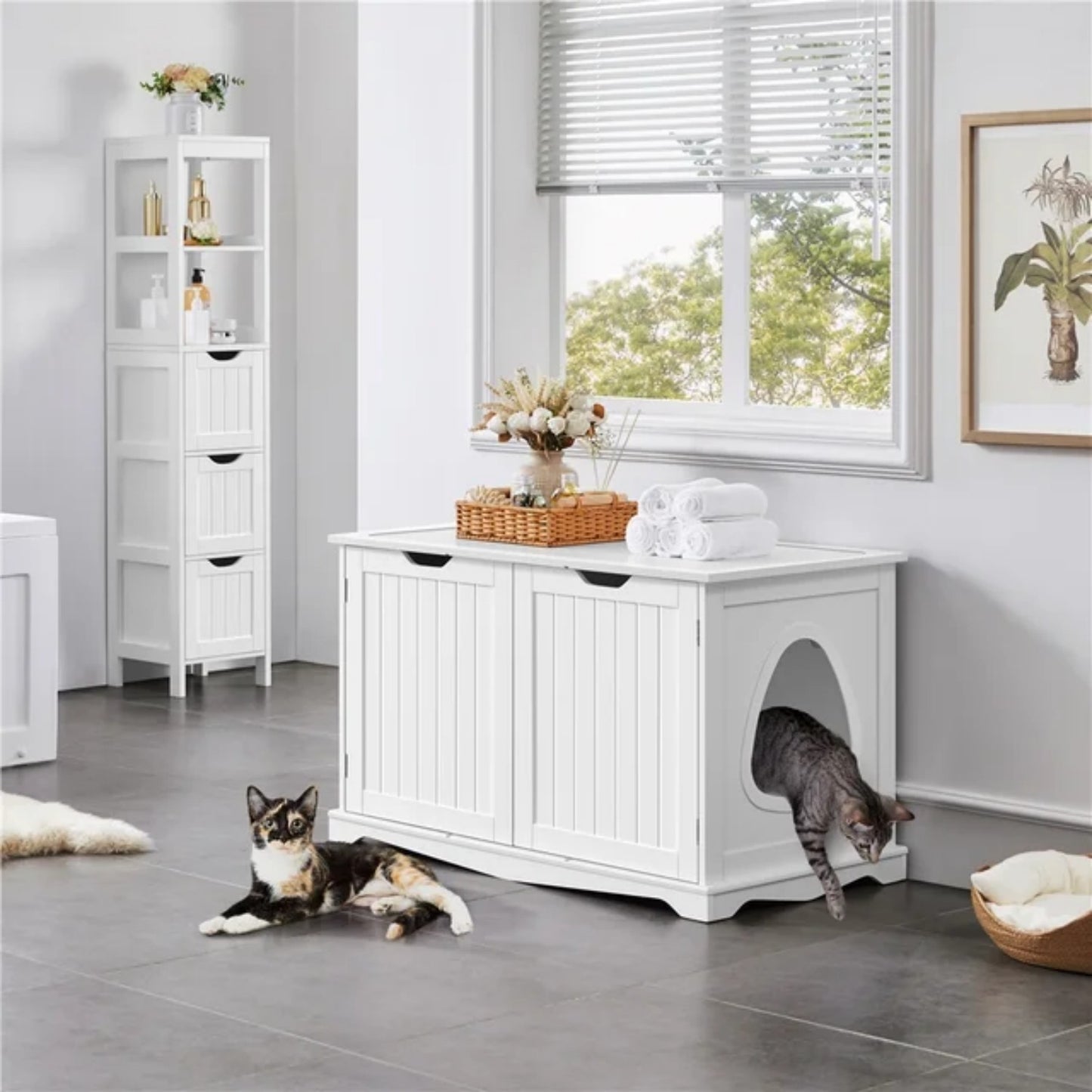 LunaLulinlk White Wooden cat litter box (with partition)