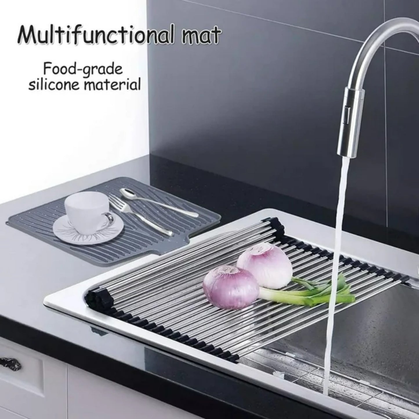 LunaLulinlk Silicone Dish Drying Mat for Kitchen Counter, Drying Mat with Drain Lid, Dish Drying Pad for Multiple Usage (16”X13”Grey )
