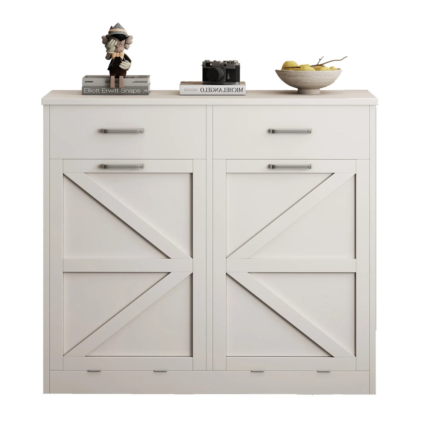 LunaLulinlk White Tilt and Pull Trash Can Cabinet with 2 Drawers, Deodorized, Holds 2x10 Gallons of Trash