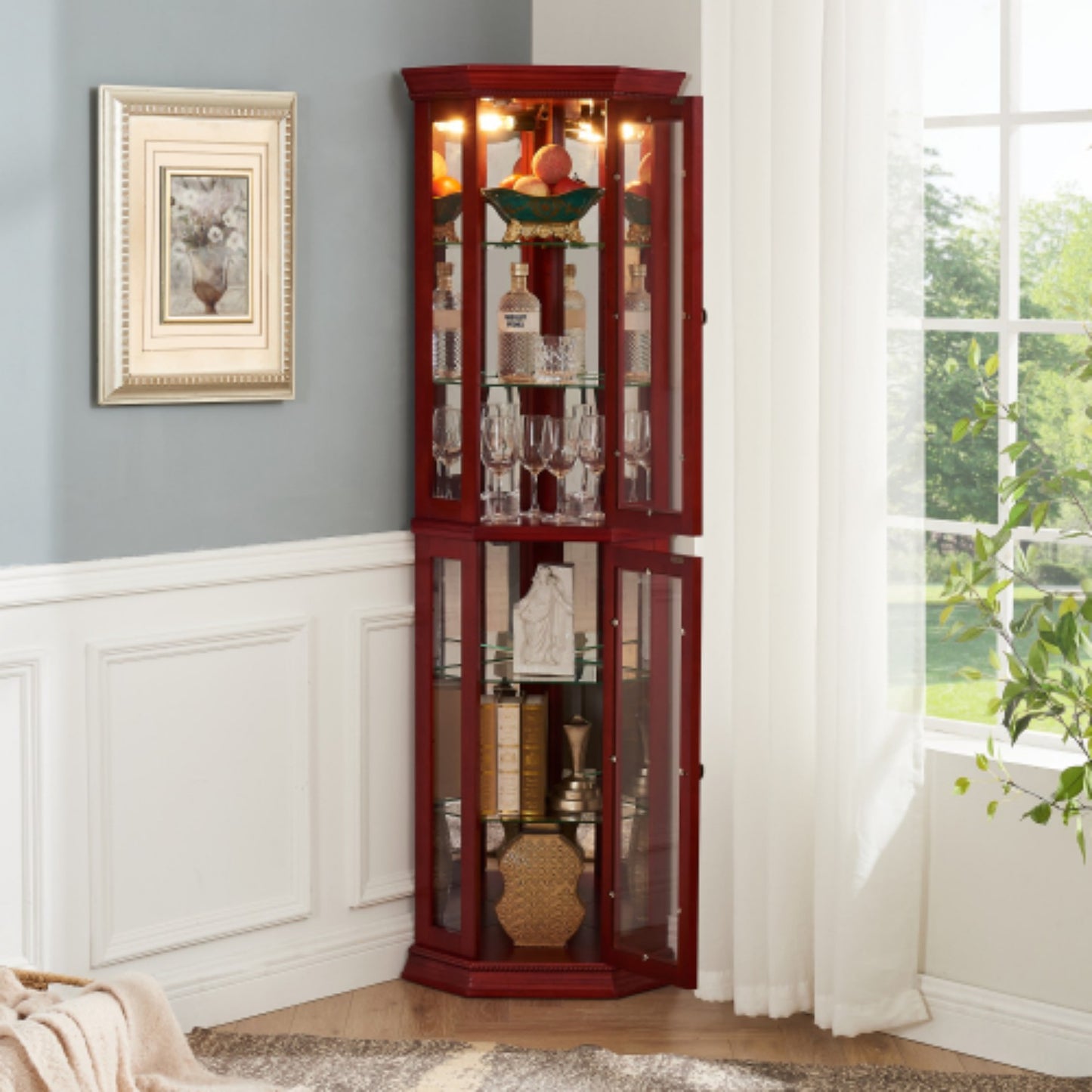 LunaLulinlk Tempered glass lighted corner display cabinet, bar cabinet, with light bulb，red
