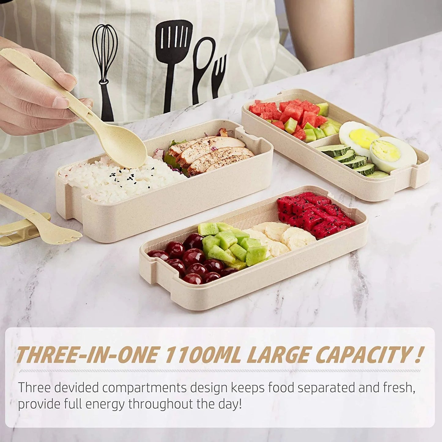 LunaLulinlk Three-layer lunch box bento box with spoon and fork, leak-proof lunch box with bonus lunch bag (beige)