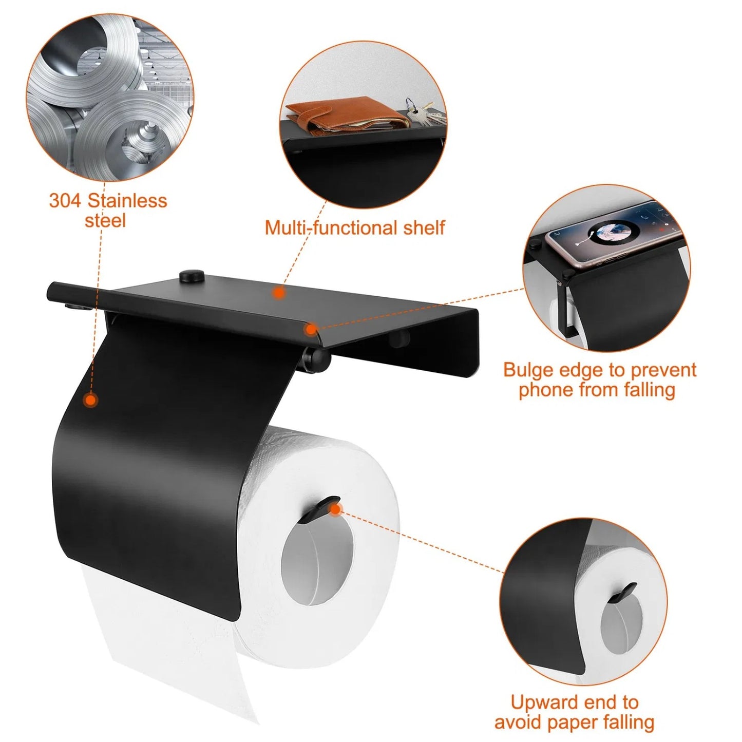 LunaLulinlk Wall Mounted Toilet Paper Holder with Phone Storage Rack Stainless Steel Toilet Roll