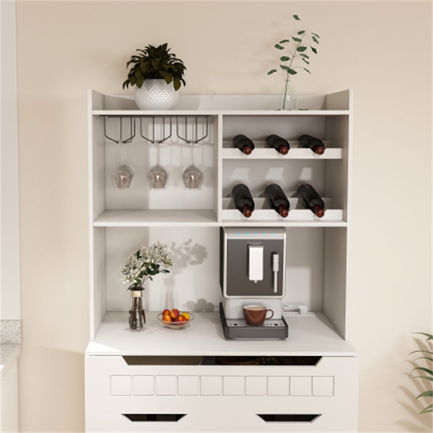 LunaLulinlk White Buffet Cabinet with Hutch - Modern Farmhouse Kitchen Storage Sideboard, Coffee Bar Station or Liquor