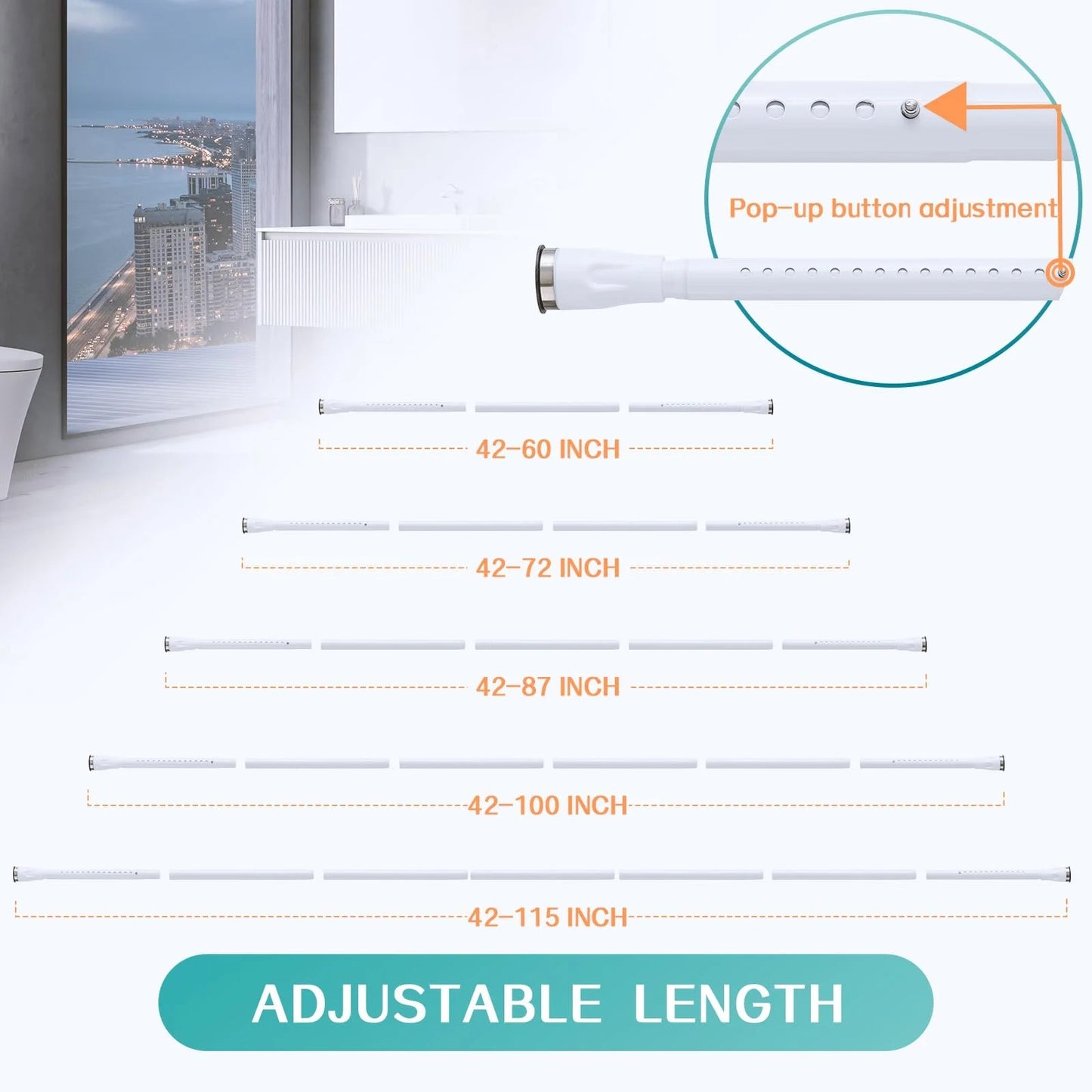 LunaLulinlk Shower Curtain Rod With Holders, 42 to 87 inch Tension Shower Curtain Rod No Drilling Adjustable White Shower Rods