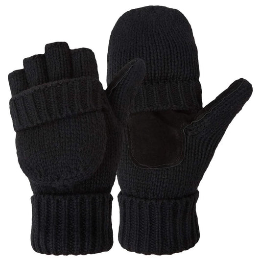 LunaLulinlk Winter Mittens Fingerless Gloves Wool Knitted Warm Gloves Convertible Gloves Men and Women Black One Pairs