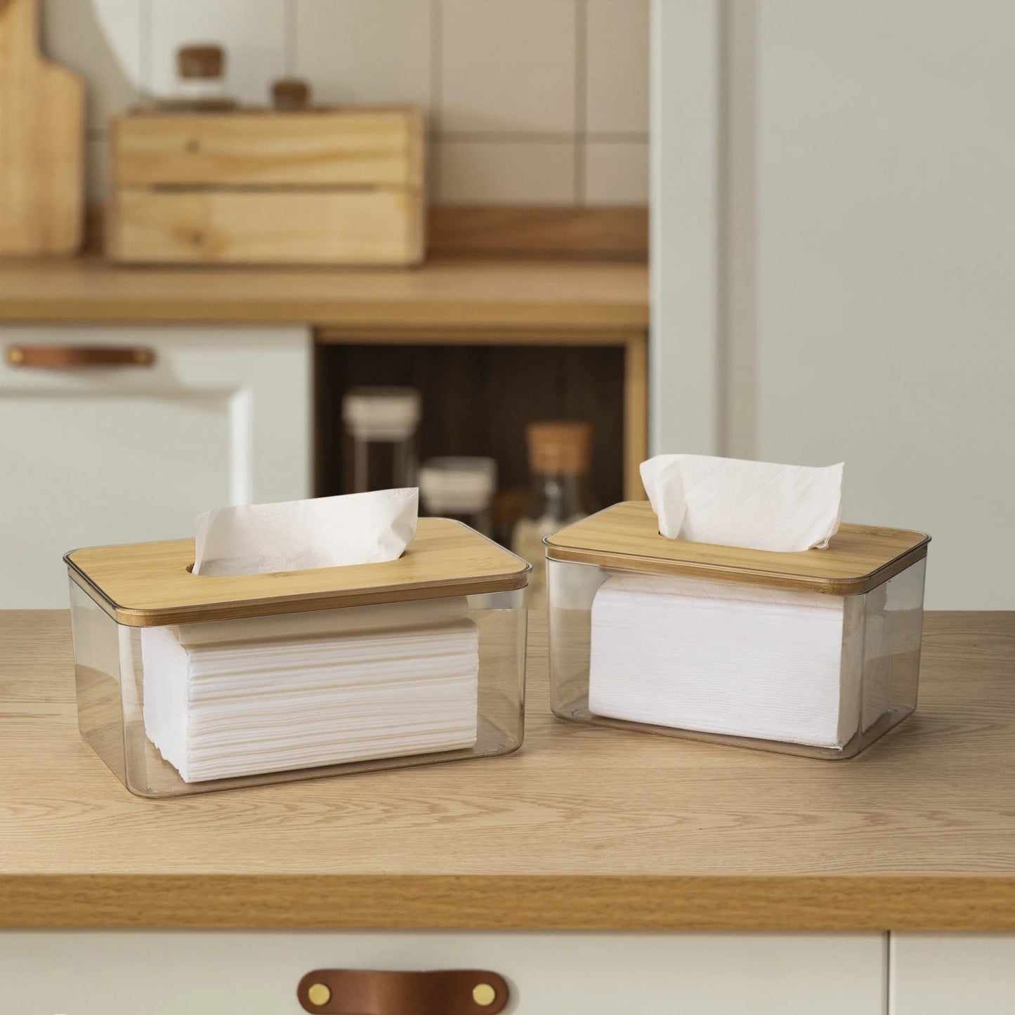LunaLulinlk Tissue Box Cover Rectangle, Plastic Tissue Box Holder with Bamboo Lid Top, Clear, 2 Count
