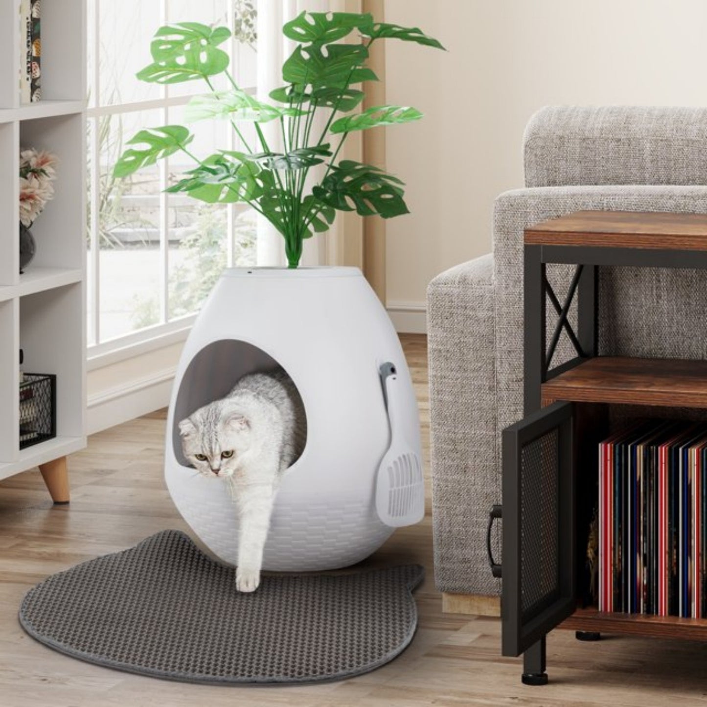 LunaLulinlk White upgraded version artificial plant cat litter box with deodorizing scoop