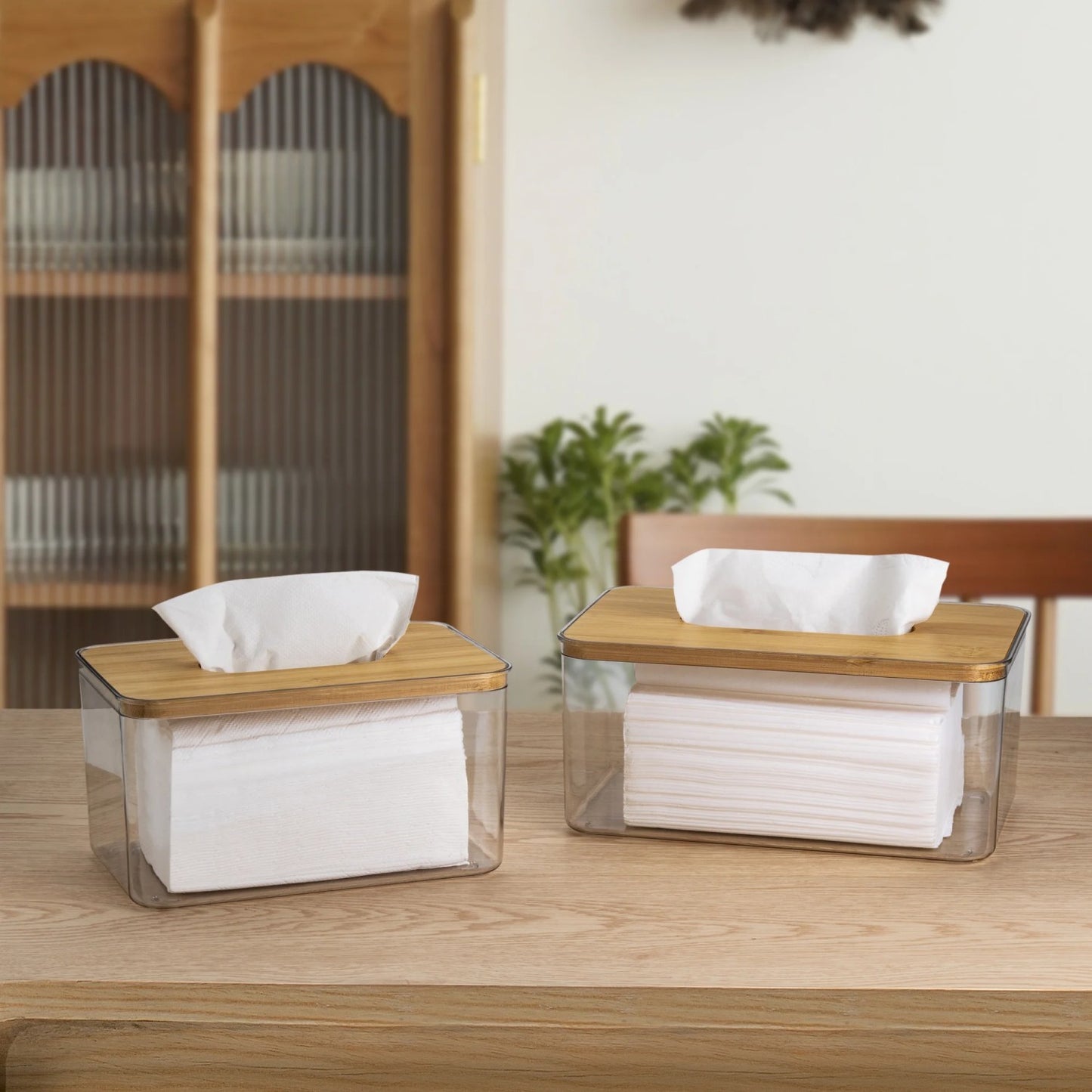 LunaLulinlk Tissue Box Cover Rectangle, Plastic Tissue Box Holder with Bamboo Lid Top, Clear, 2 Count