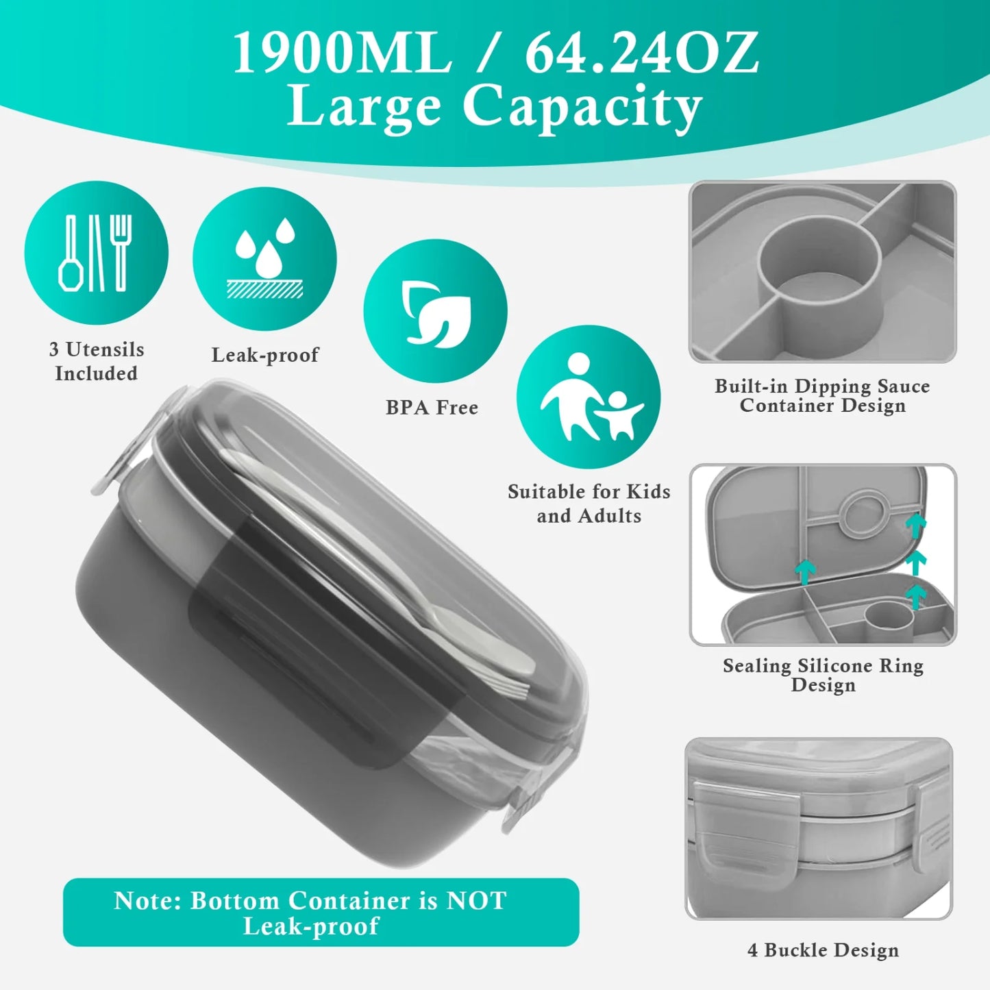 LunaLulinlk Three-Tier Bento Box with Bag - All-in-One Stackable Lunch Box, Leak-Proof Lunch Box Strap, 1900ml, Built-in Cutlery Set, Lunch Bag