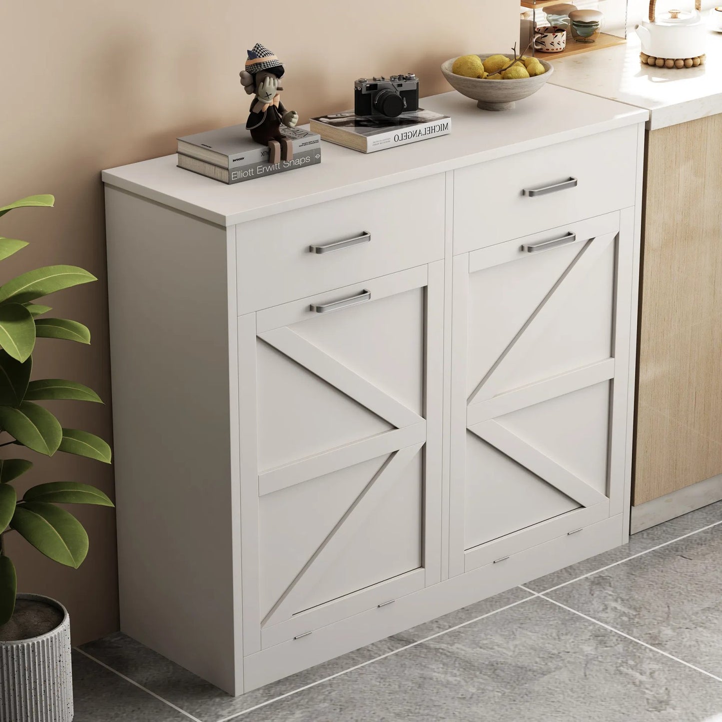 LunaLulinlk White Tilt and Pull Trash Can Cabinet with 2 Drawers, Deodorized, Holds 2x10 Gallons of Trash