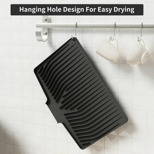 LunaLulinlk Silicone Dish Drying Mat with Drain Lip – Large 18.9"x13.8" Hygienic Counter Tray for Kitchen Sink, Easy to Clean Black