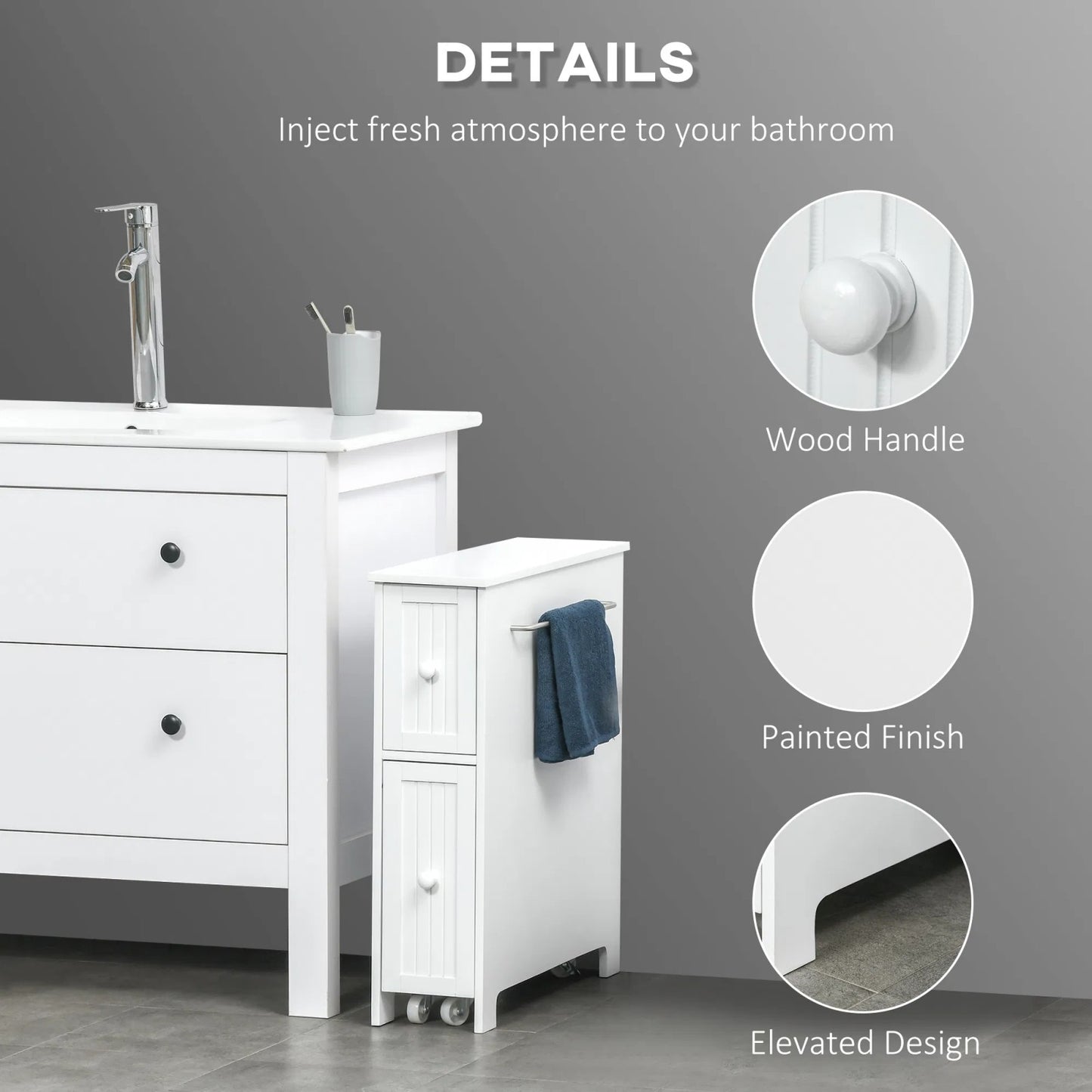 LunaLulinlkWhite Bathroom Slim Freestanding Storage Cabinet on Wheels with Two Drawers