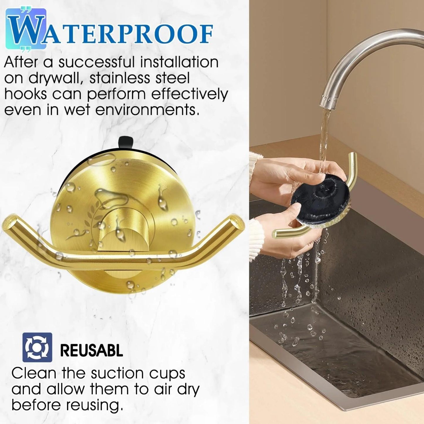 LunaLulinlk Vacuum Metal Suction Cup Hooks Stainless Steel Shower Holder Hanger for Bathroom(Gold 2pcs)